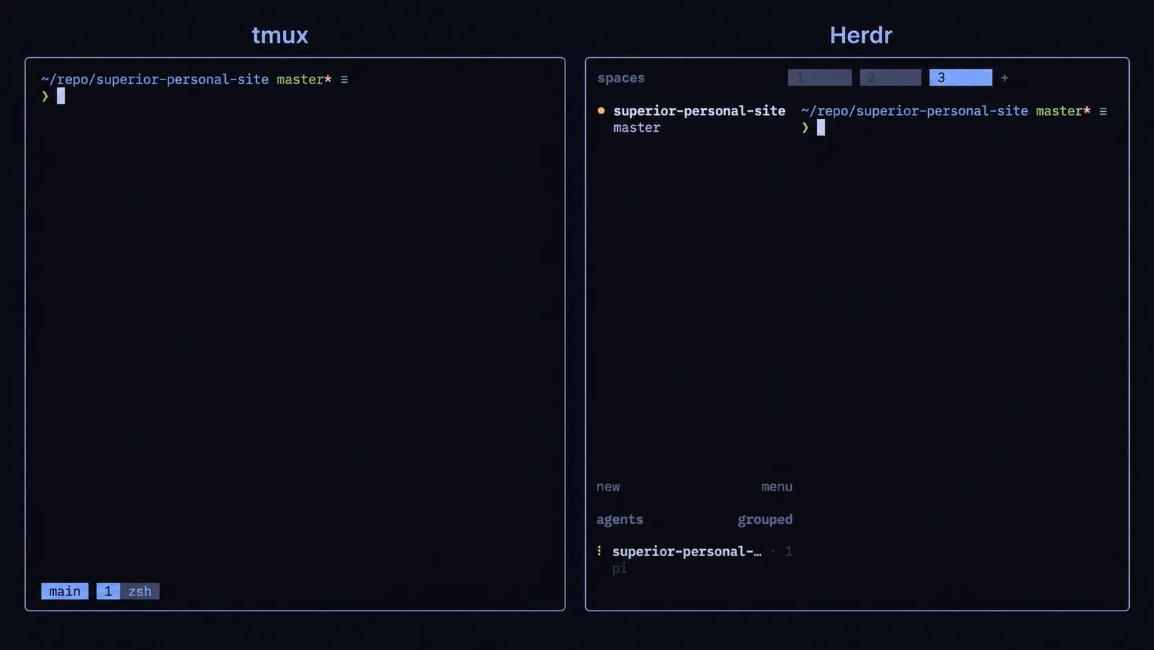 Side-by-side comparison of my tmux and Herdr interfaces
